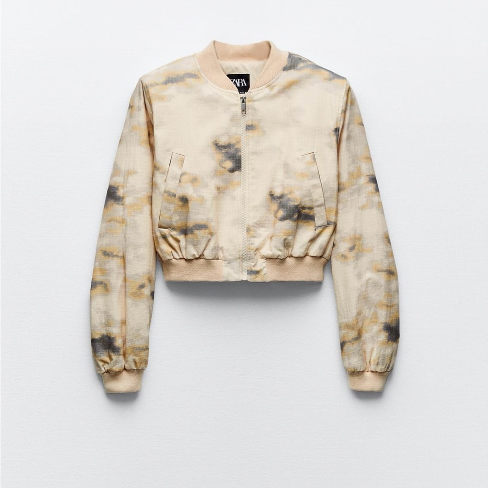 Zara Women's Beige and Gray Tie-Dye Bomber Jacket
